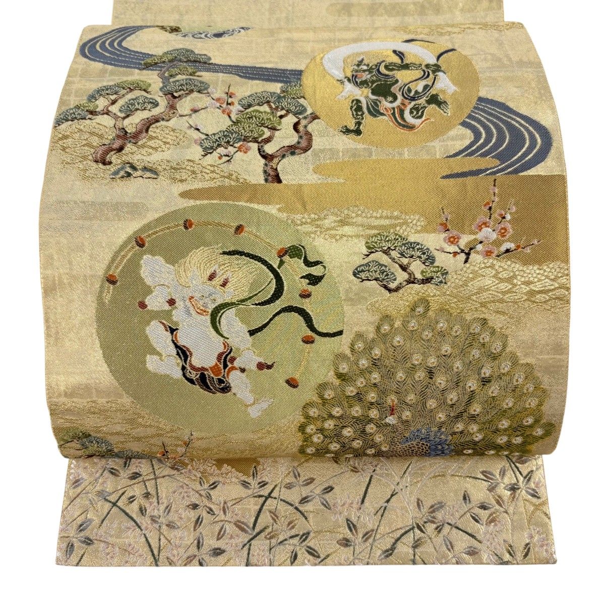 【在庫一掃】 袋帯 逸品 風神雷神 孔雀 金銀糸 刺繍 金色 お太鼓柄 正絹 【中古】