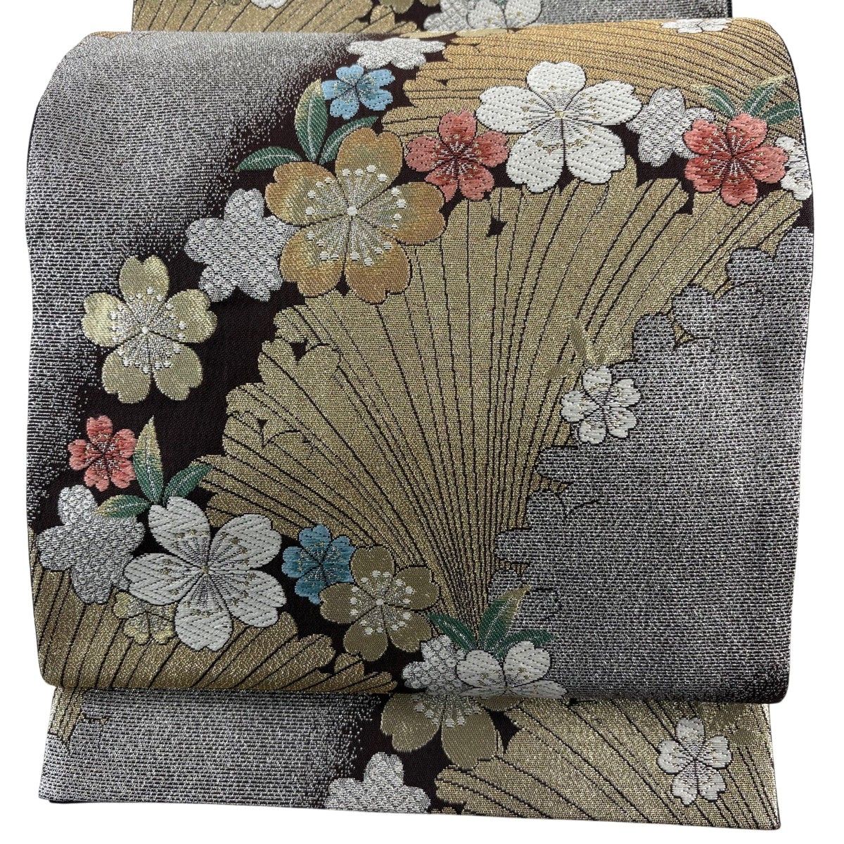 在庫一掃】 【美品】 袋帯 秀品 振袖向き 桜 シルエット 箔 金糸 茶色 在庫一掃】 【美品】 袋帯 秀品 振袖向き 桜 シルエット 箔 金糸 茶色