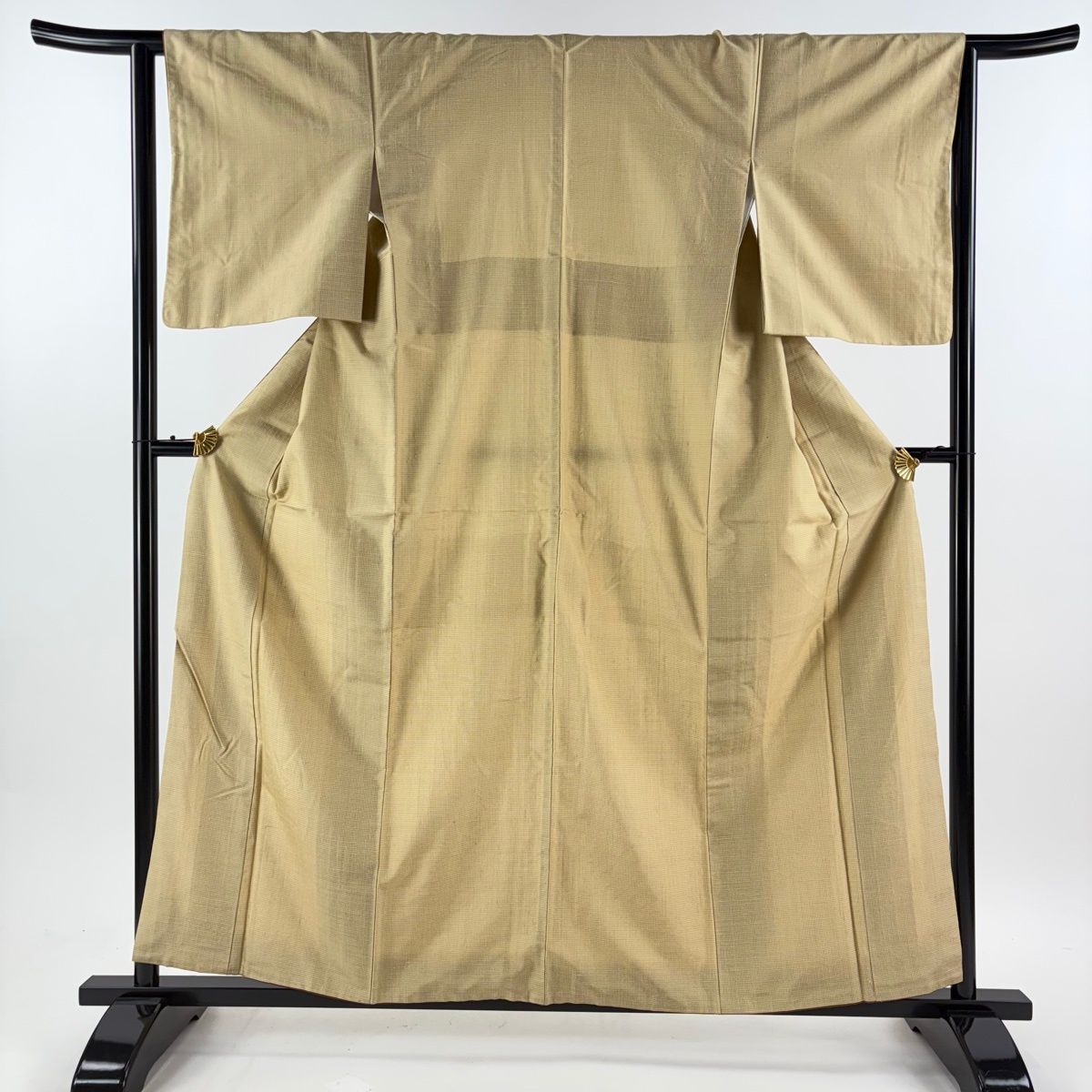 在庫一掃】 紬 身丈158cm 裄丈62.5cm S 袷 格子 ベージュ 正絹 秀品
