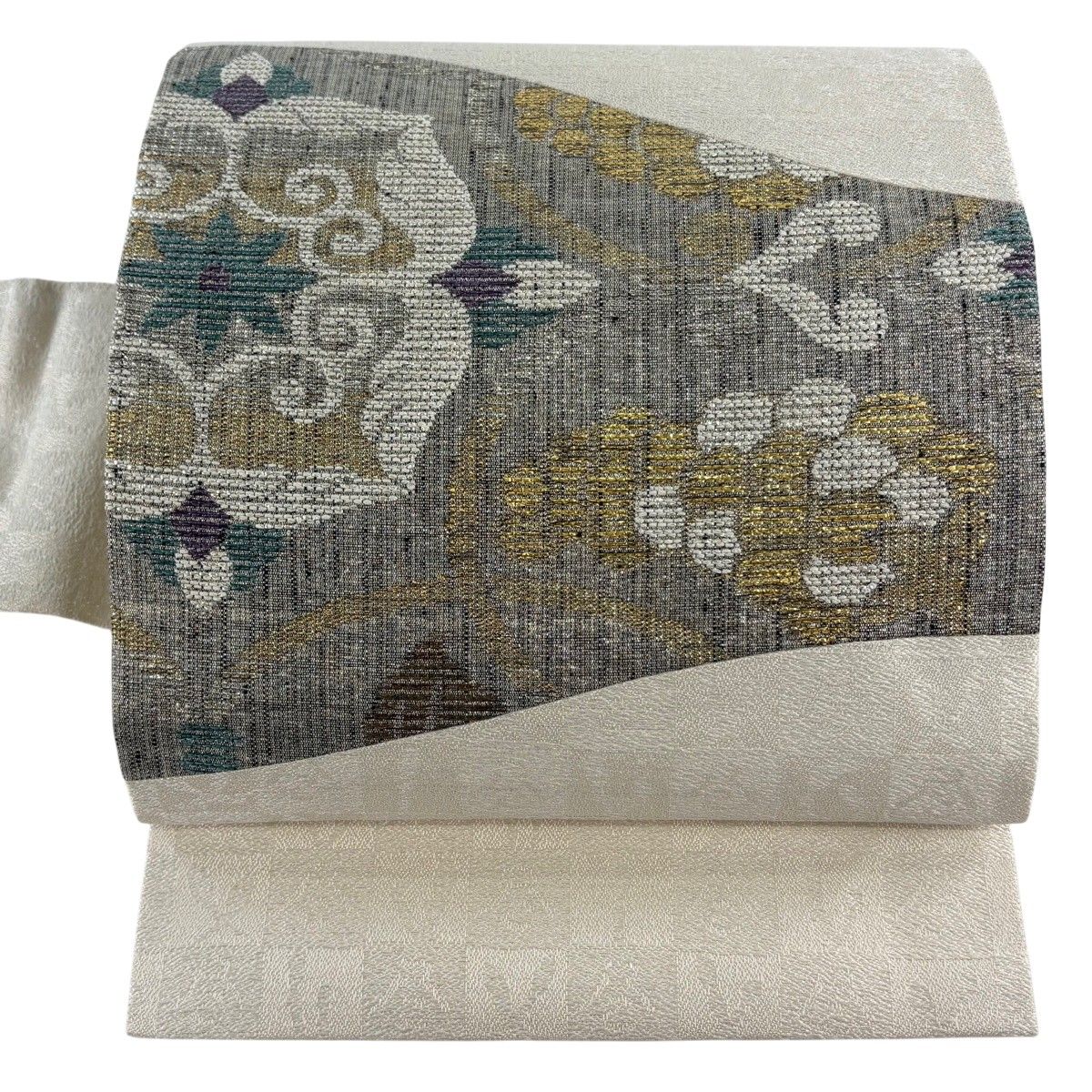 【在庫一掃】 【美品】 名古屋帯 逸品 華文 葡萄 箔 銀糸 灰色 正絹 【中古】