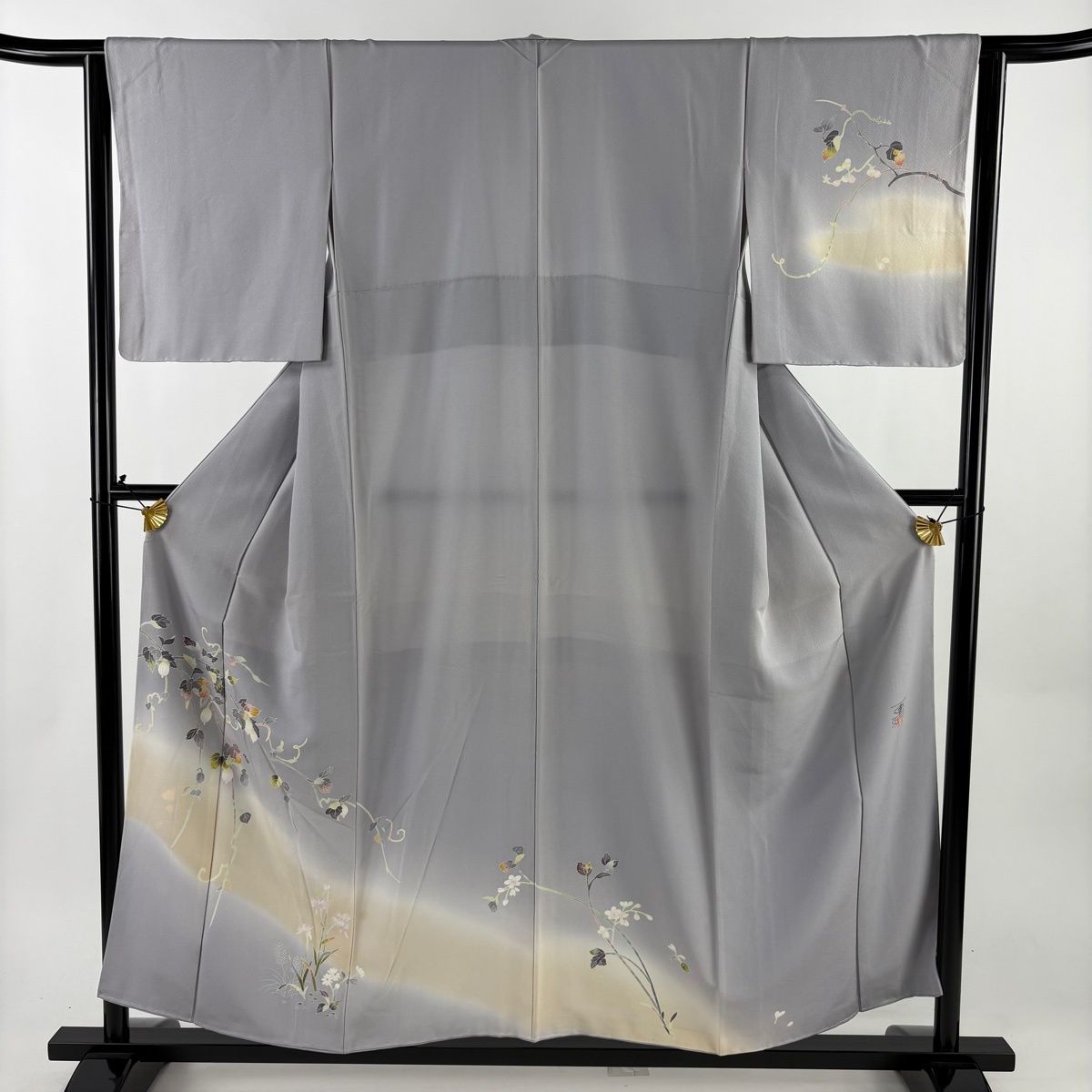 【在庫一掃】 訪問着 身丈156.5cm 裄丈63cm S 袷 百貫石峰 落款 ほおずき 草花 染め分け ぼかし 薄紫 正絹 逸品 【中古】