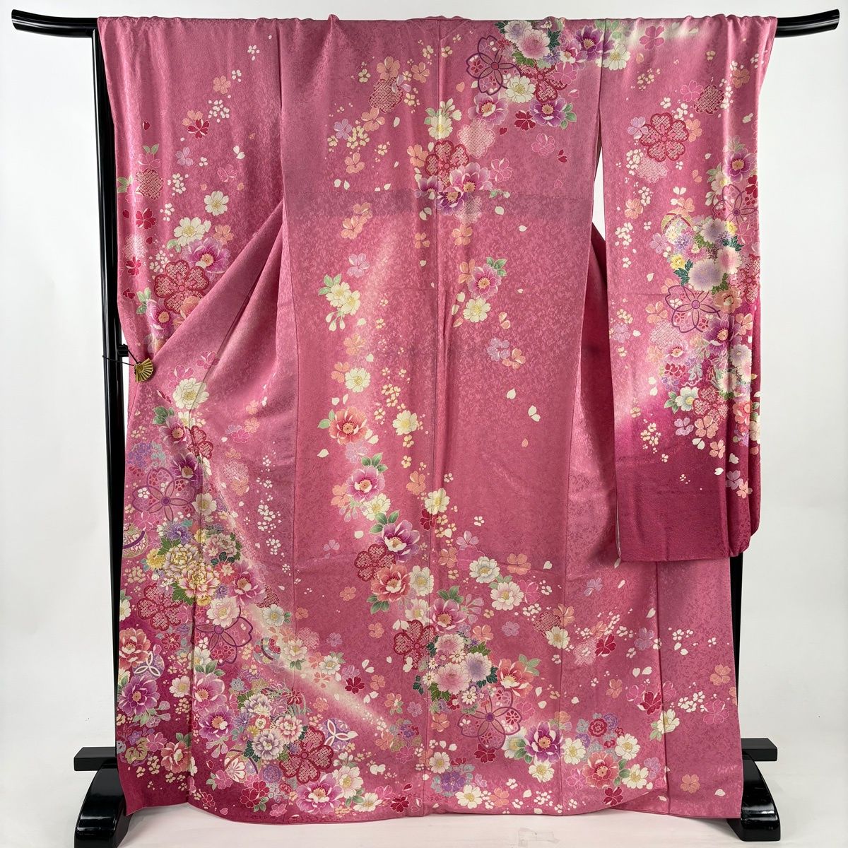 【在庫一掃】 【美品】 振袖 身丈171cm 裄丈69cm L 袷 草花 手鞠 金通し 金彩 ピンク 正絹 逸品 【中古】