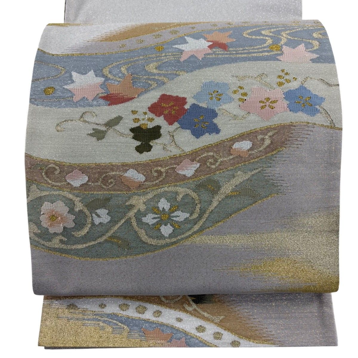【在庫一掃】 【美品】 袋帯 逸品 草花 流水 金銀糸 灰色 お太鼓柄 正絹 【中古】