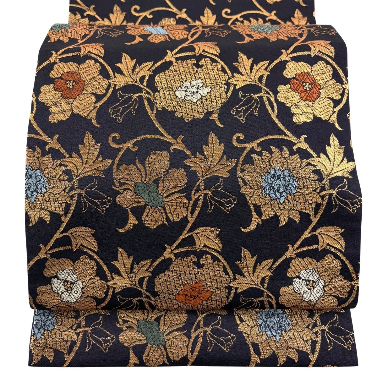 【在庫一掃】 袋帯 逸品 花唐草 箔 濃紫 六通 正絹 【中古】