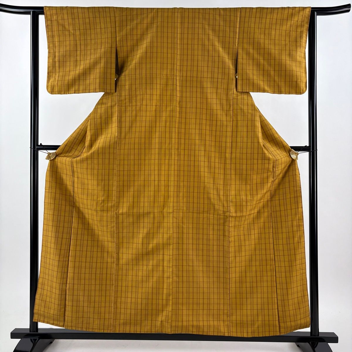 【在庫一掃】 紬 身丈159cm 裄丈62cm S 袷 格子 山吹色 正絹 逸品 【中古】
