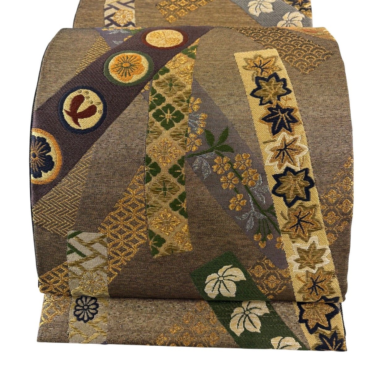 【在庫一掃】 【美品】 袋帯 逸品 草花 青海波 金銀糸 焦茶色 六通 正絹 【中古】