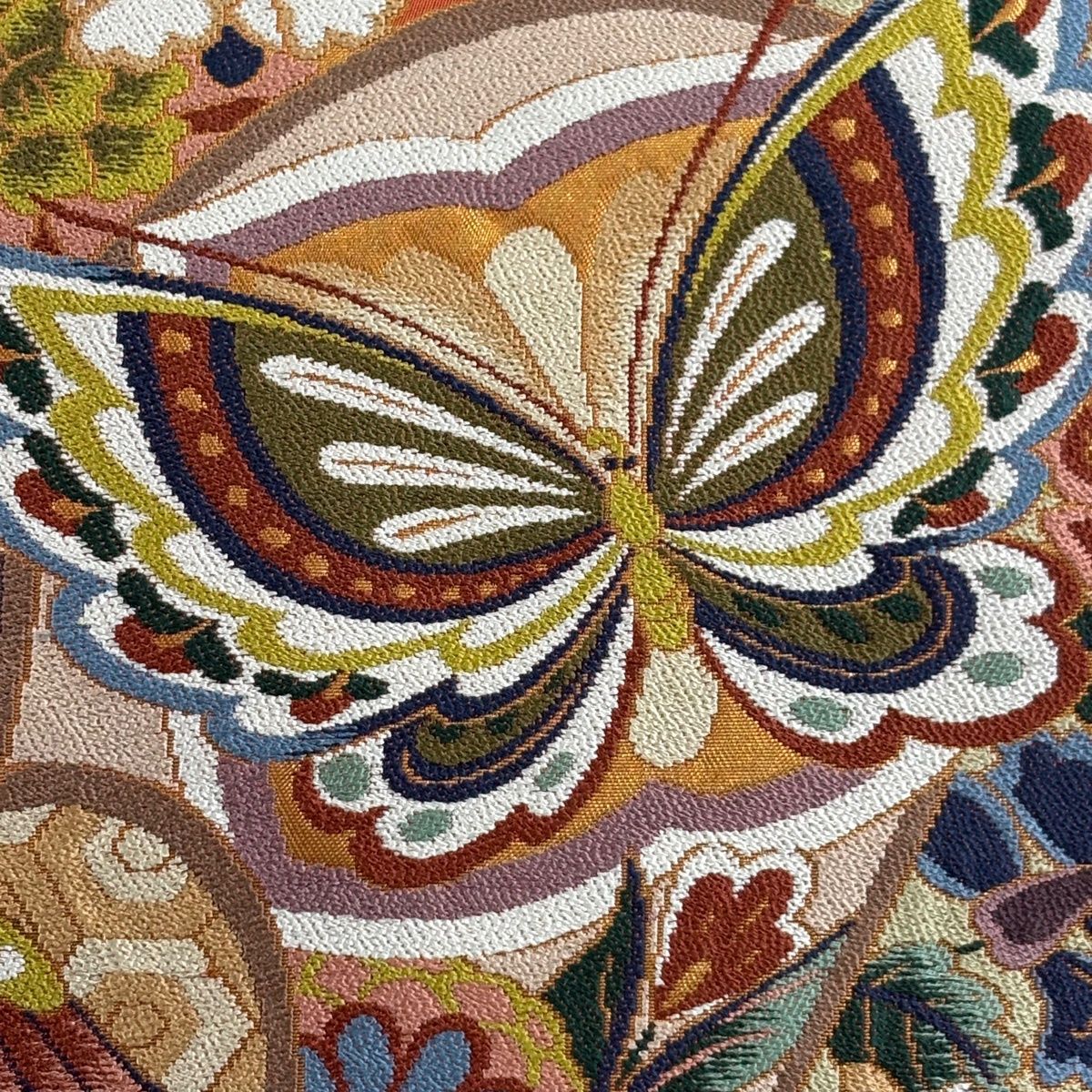 【在庫一掃】 袋帯 逸品 白綾苑大庭 落款 蝶 向かい鳥 箔 朱色 六通 正絹 【中古】