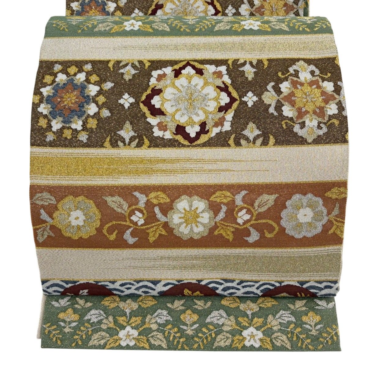 【在庫一掃】 【美品】 袋帯 逸品 綴れ 華文 花唐草 金銀糸 金通し ベージュ 全通 正絹 【中古】