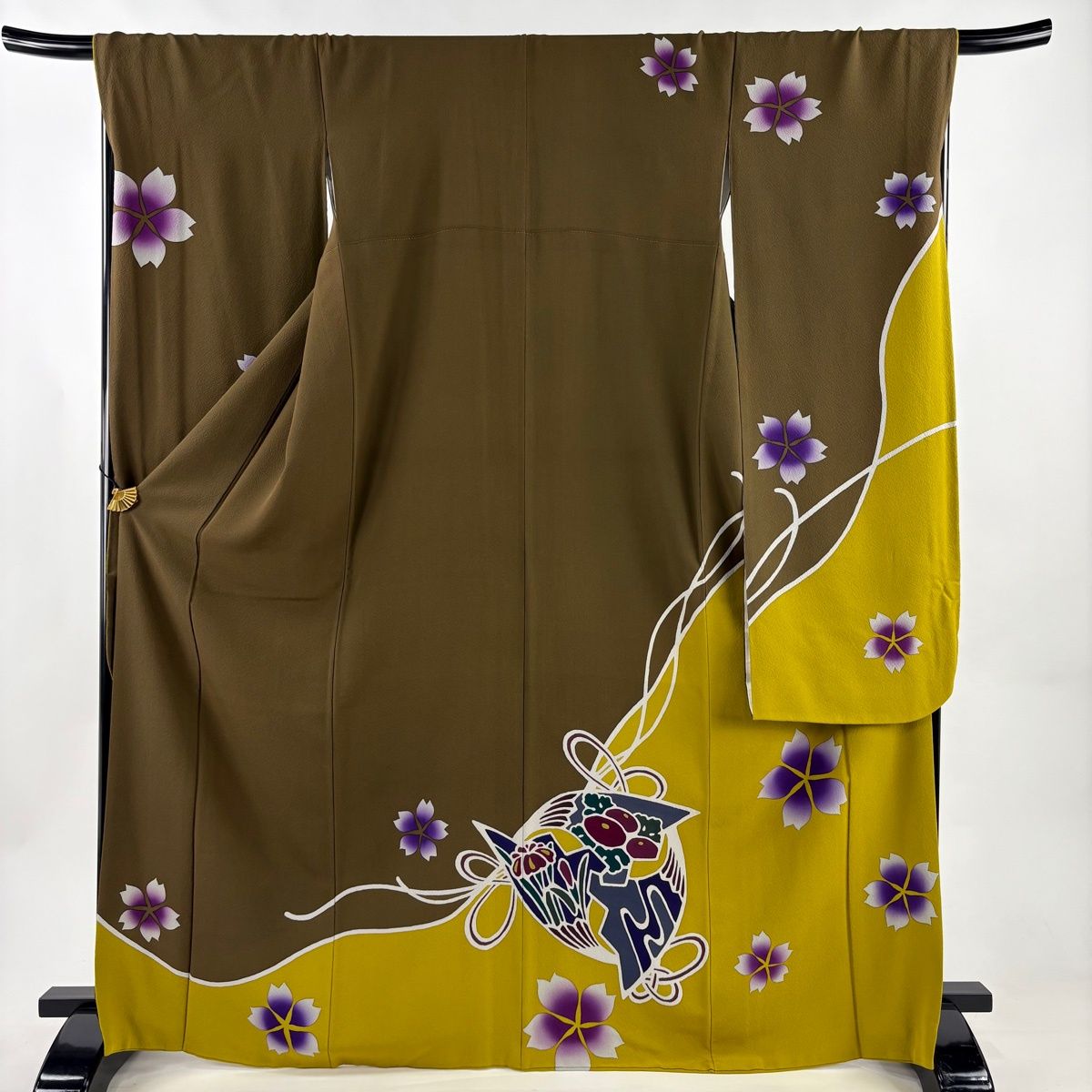 【在庫一掃】 振袖 身丈169cm 裄丈68.5cm L 袷 辻村ジュサブロー 落款 桜 扇 染め分け 茶色 正絹 逸品 【中古】