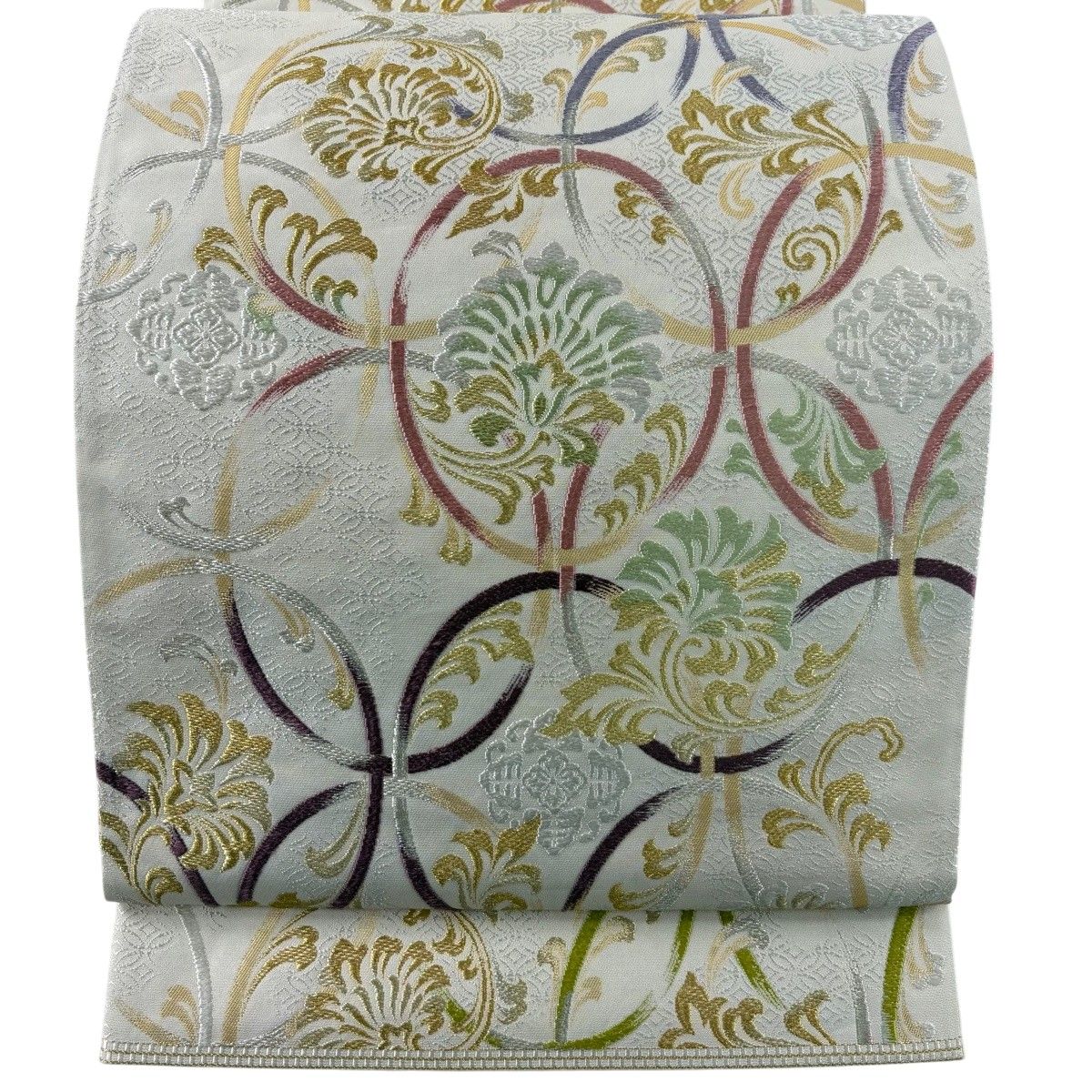 【在庫一掃】 【美品】 袋帯 逸品 花唐草 七宝繋ぎ 金銀糸 クリーム 六通 正絹 【中古】