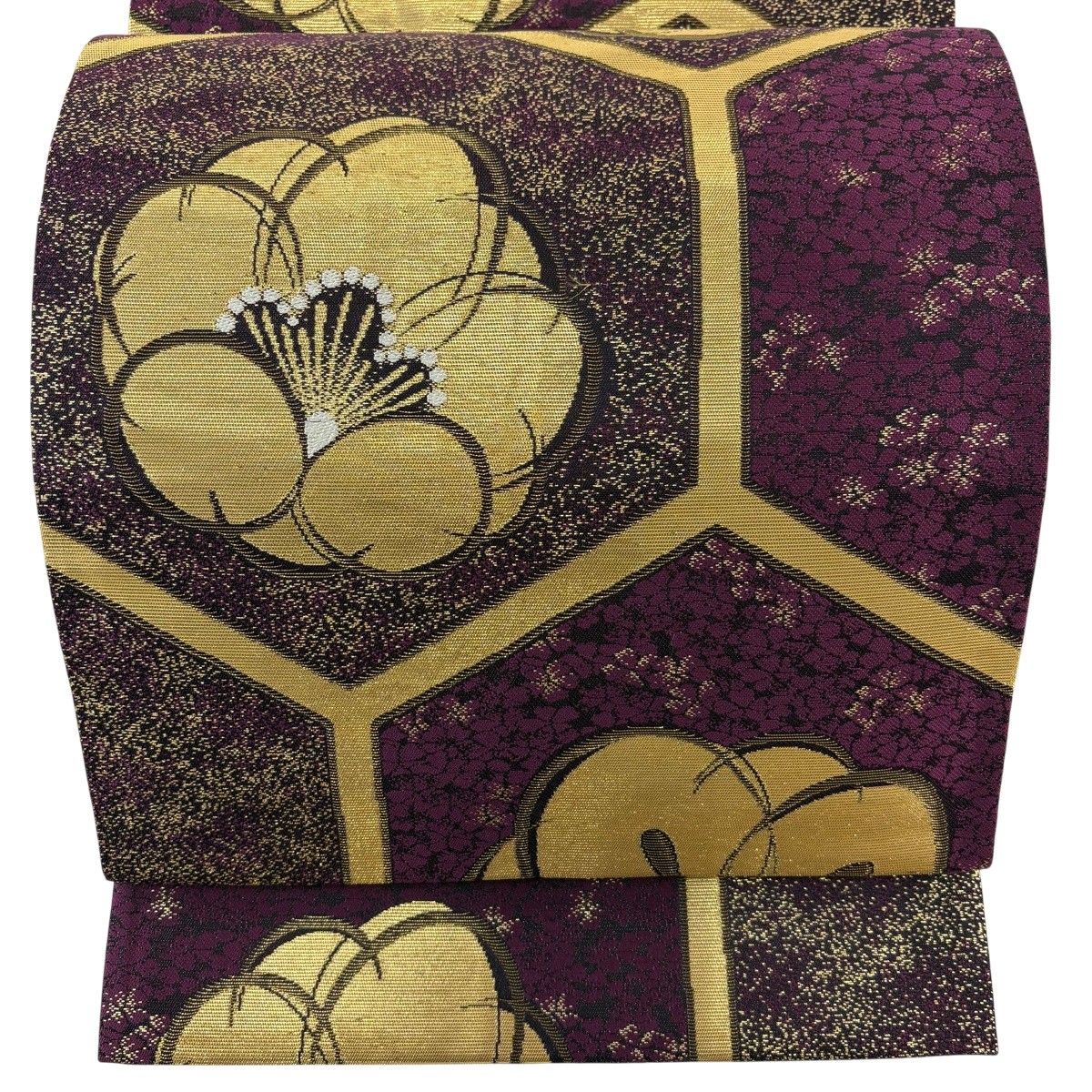 在庫一掃】 【美品】 袋帯 秀品 梅 亀甲 金糸 箔 紫 六通 正絹 【中古