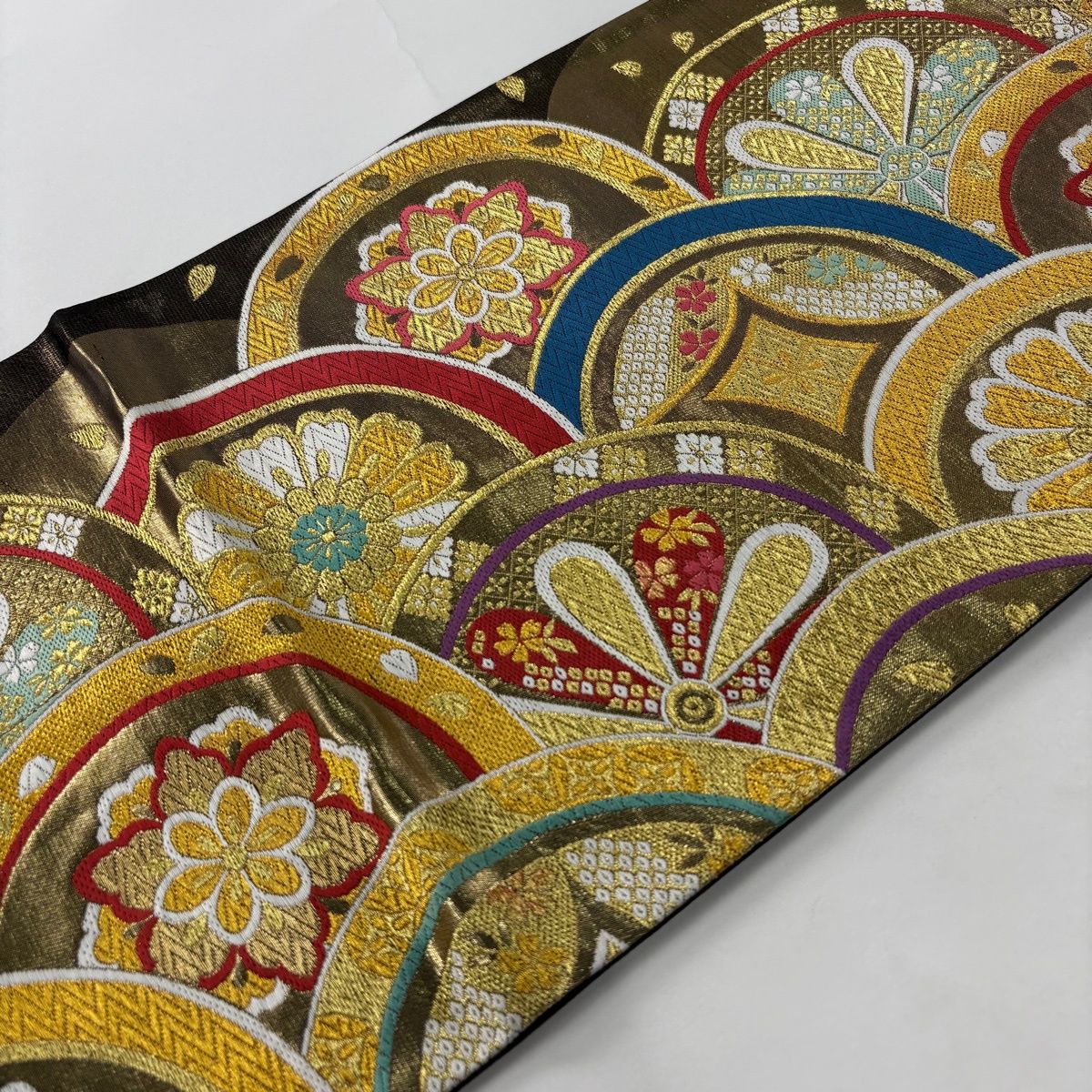 刺繍 六通 袋帯 金糸 正絹 未使用品 在庫一掃】 【美品】 袋帯 秀品 花 菱 刺繍 金糸 金色 六通 正絹