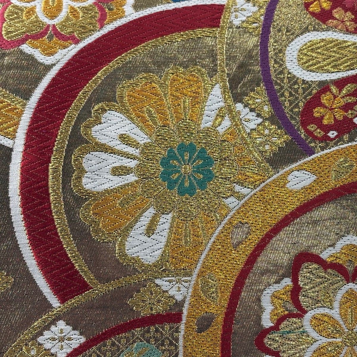 在庫一掃】 【美品】 袋帯 秀品 花 菱 刺繍 金糸 金色 六通 正絹