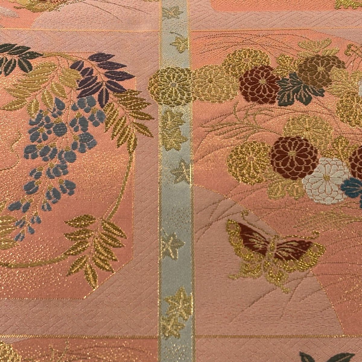 中古 高級袋帯 ふくれ 正絹 サーモンピンク 花 【公式通販】