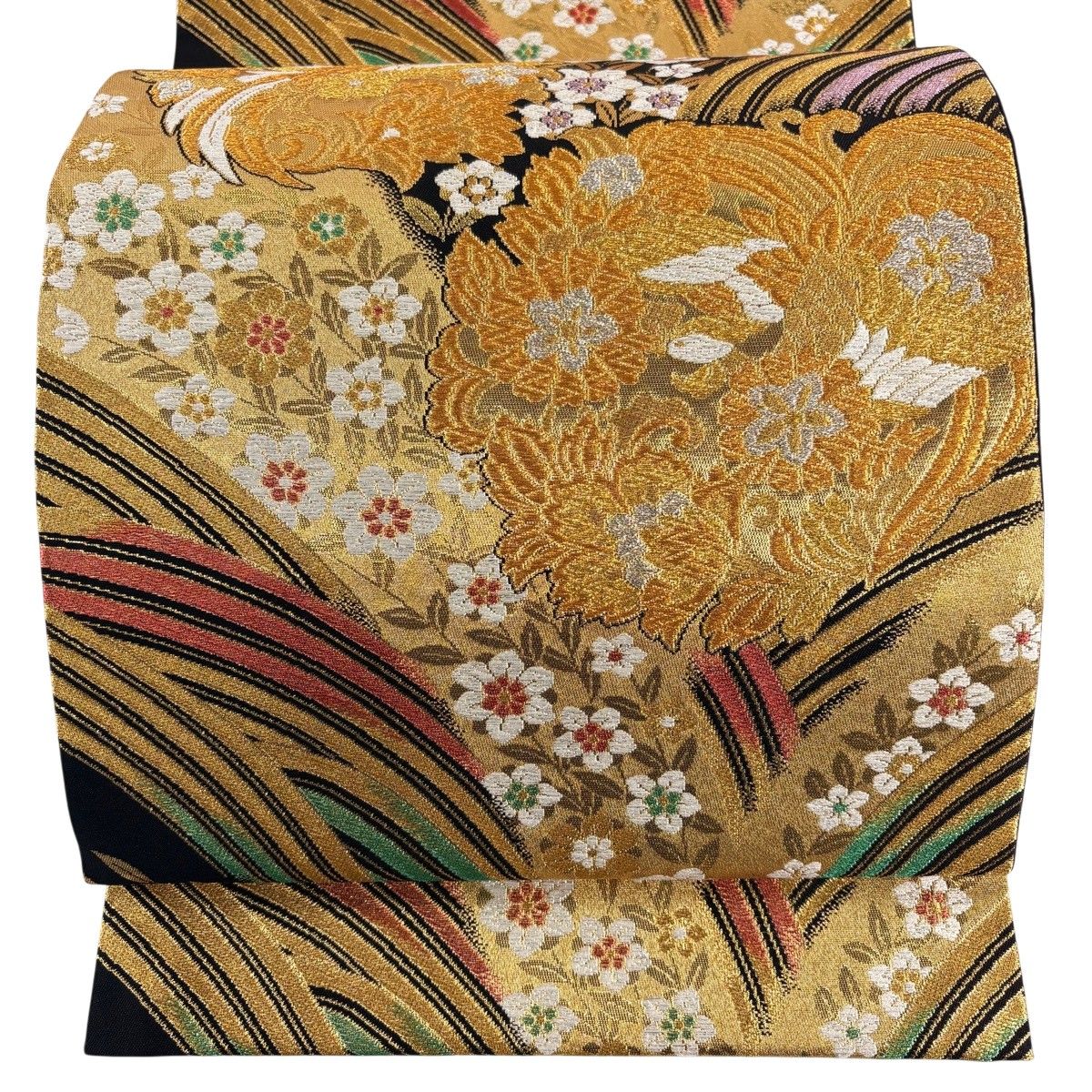 在庫一掃】 【美品】 袋帯 秀品 花鳥 波 箔 唐織 黒 六通 正絹 【中古