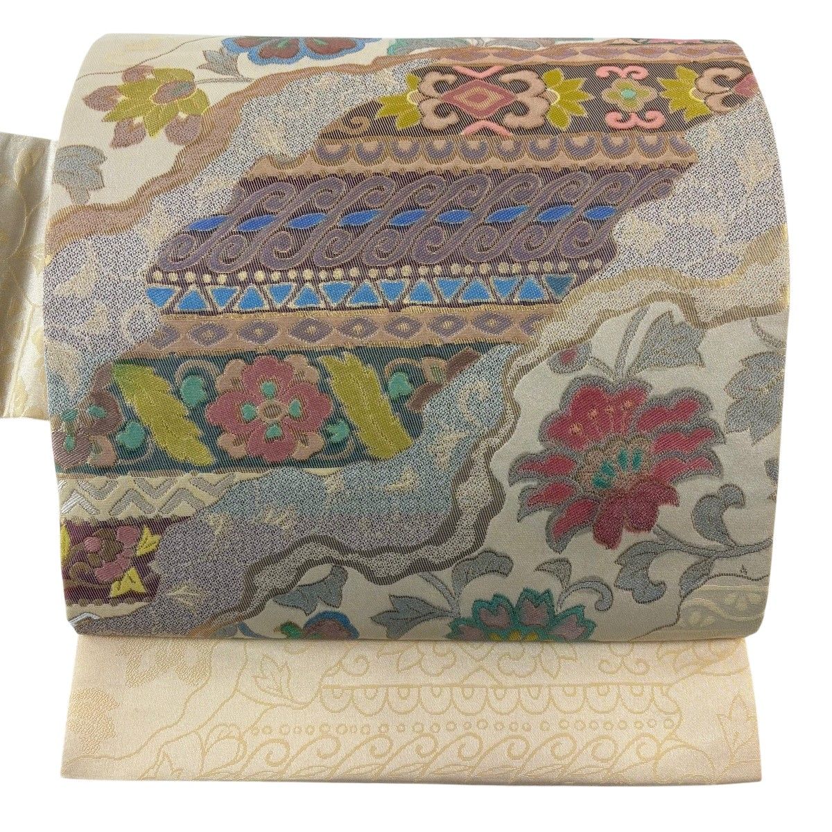在庫一掃】 名古屋帯 秀品 花唐草 道長取 箔 ベージュ 正絹 【中古
