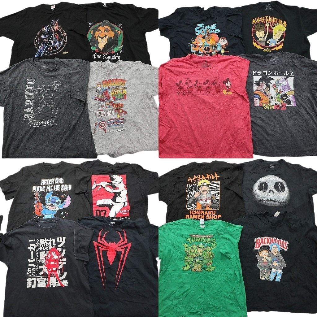 古着卸 まとめ キャラクター Tシャツ 16枚セット ( メンズ 3XL/4XL ) ナルト ディズニー ミッキー スティッチ マーベル 中古 古着 NE8041