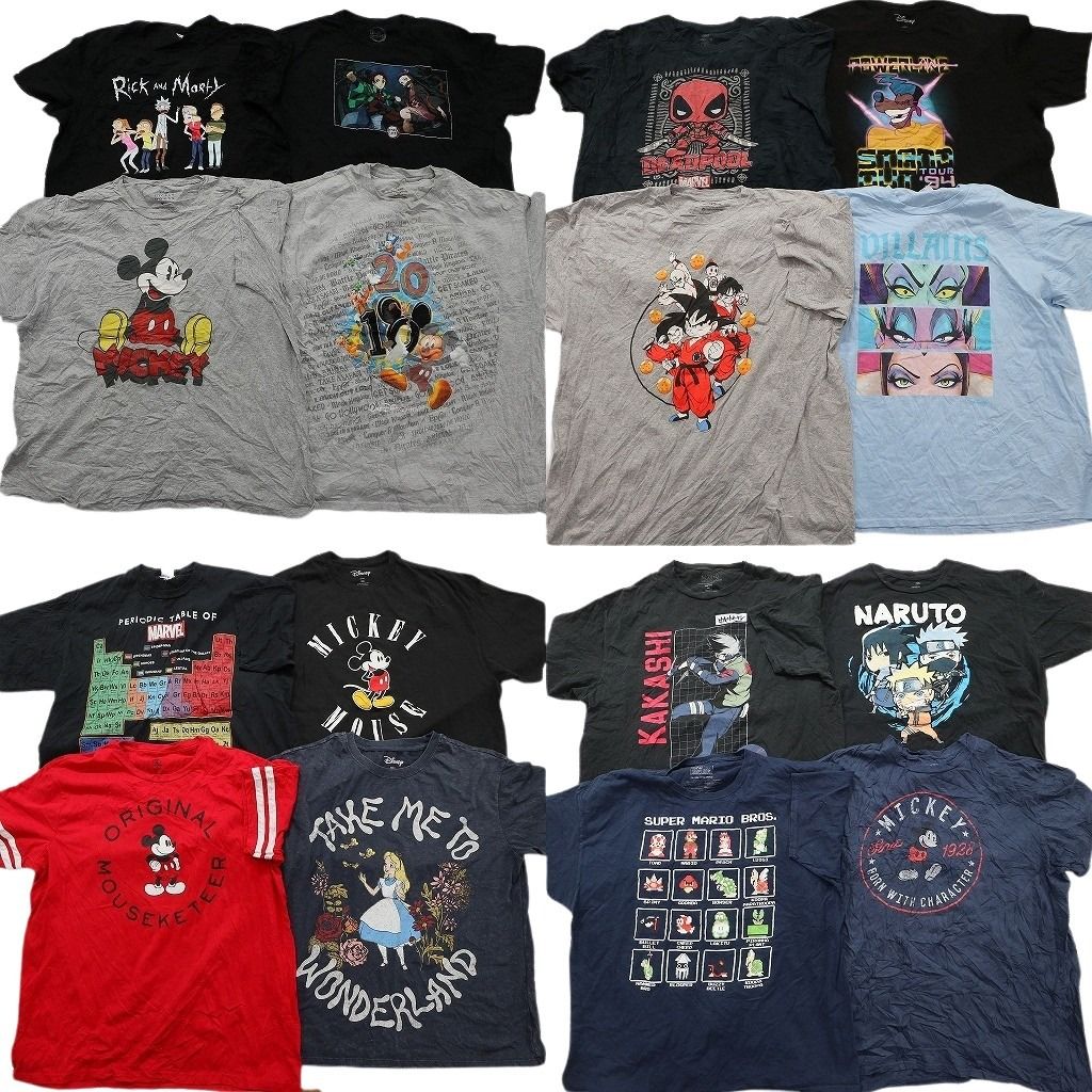 古着卸 まとめ売り キャラクター Tシャツ 16枚セット ( メンズ 2XL ) ナルト ディズニー ミッキー アリス ドラゴンボール 中古 古着 NE8042