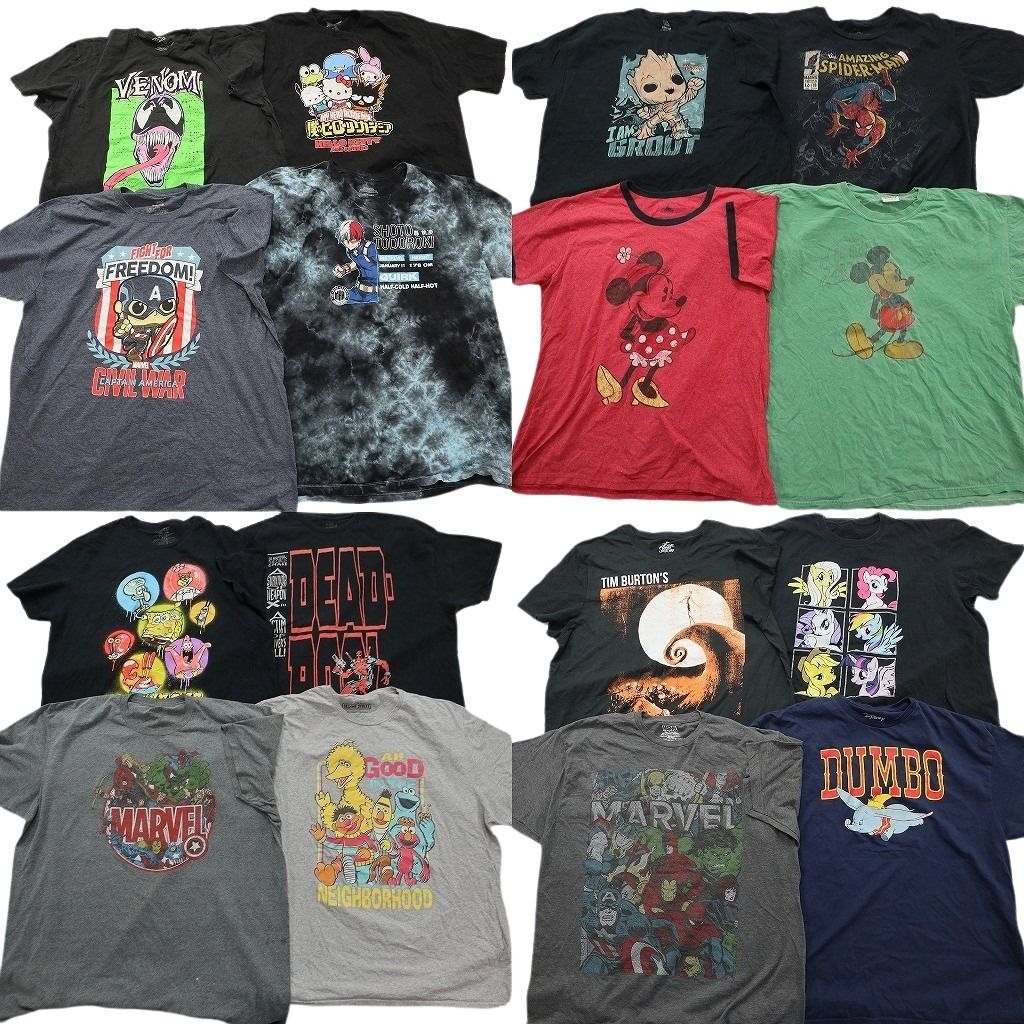 古着卸 まとめ キャラクター Tシャツ 16枚セット ( メンズ 2XL ) ディズニー ミッキー ダンボ スポンジボブ マーベル 中古 古着 NE8043