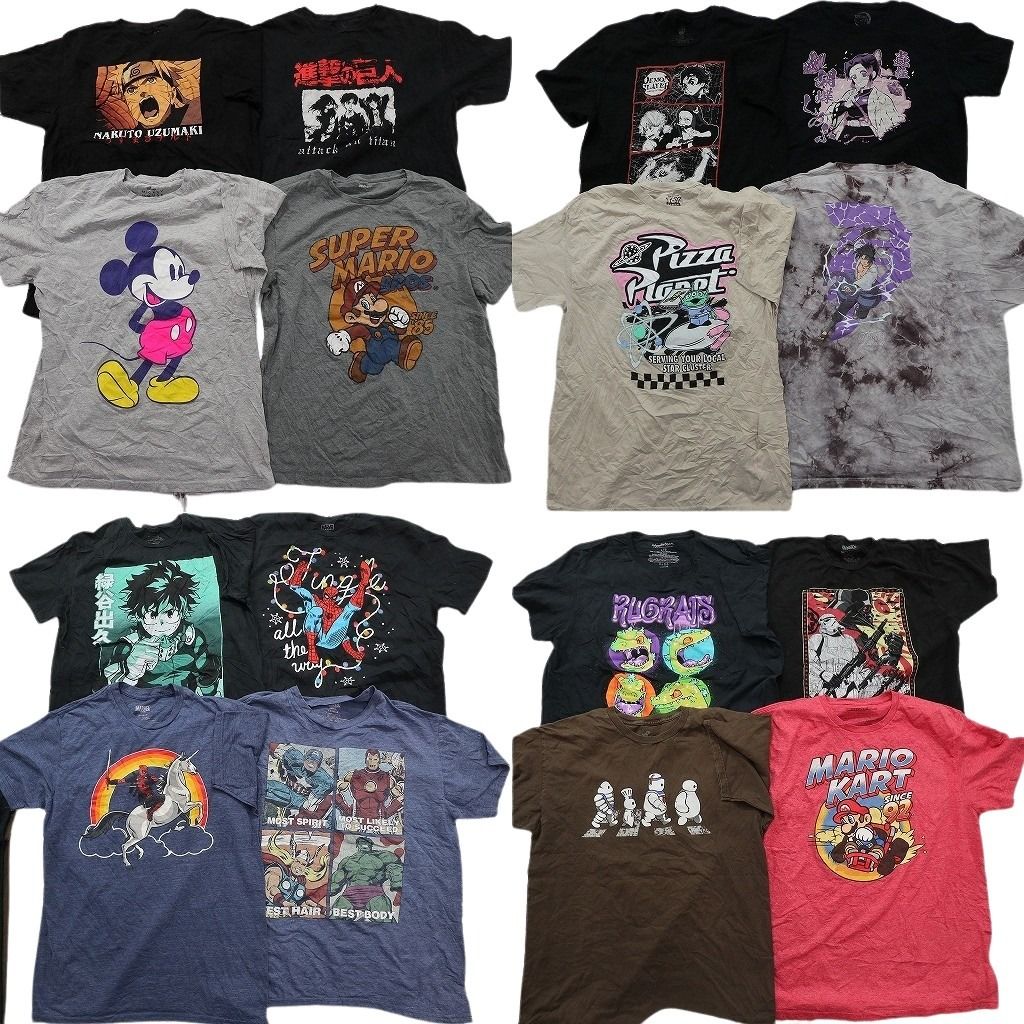 古着卸 まとめ売り キャラクター Tシャツ 16枚セット ( メンズ L ) ディズニー ミッキー マリオ マーベル スパイダーマン 中古 古着 NE8050
