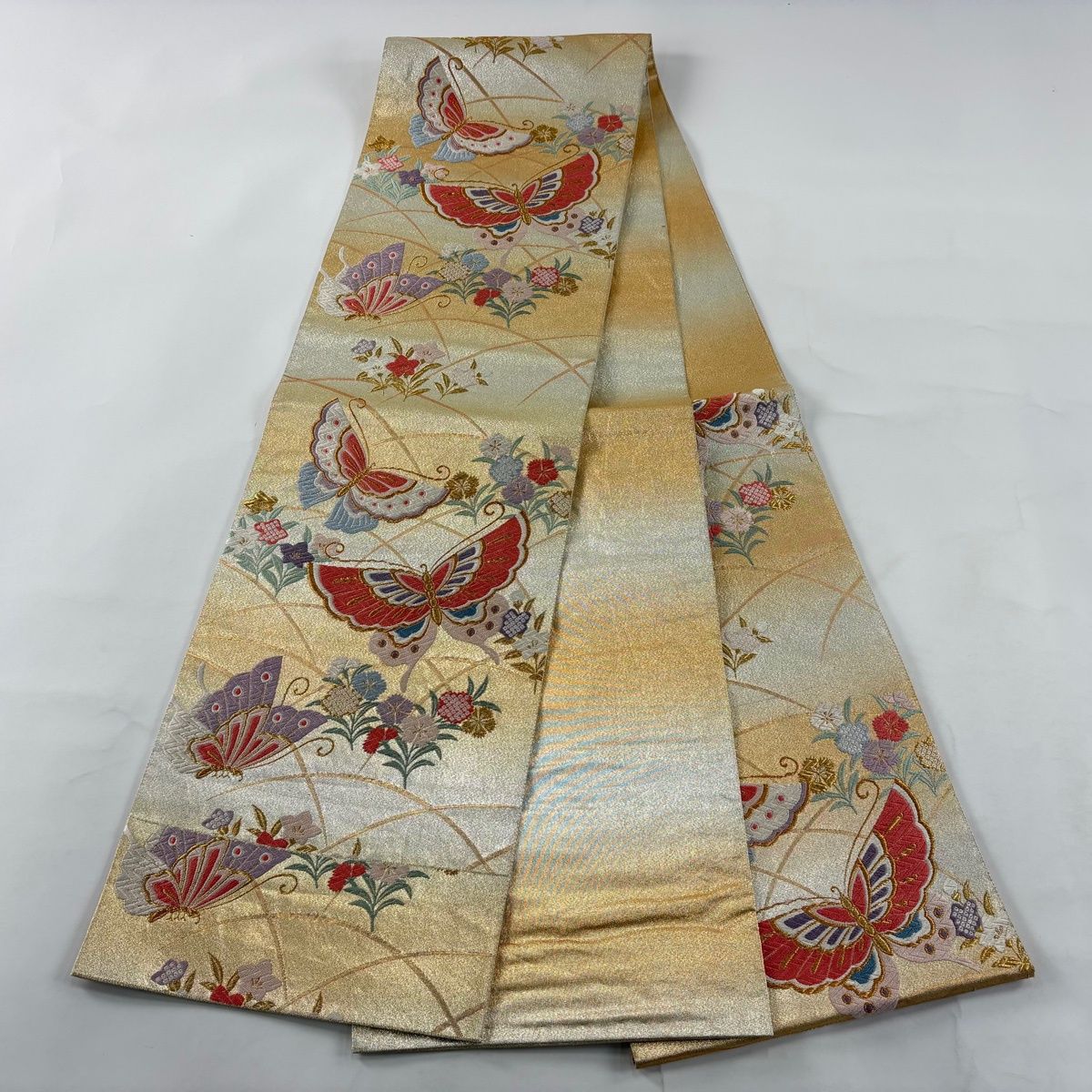 在庫一掃】 【美品】 袋帯 秀品 蝶 草花 唐織 箔 金色 六通 正絹
