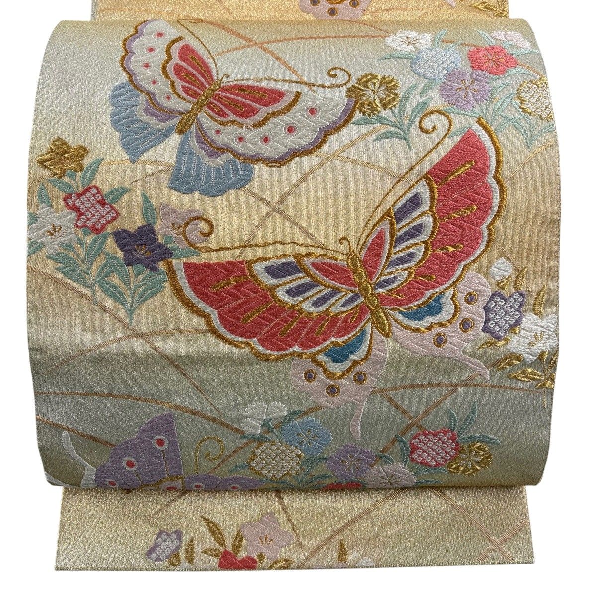 在庫一掃】 【美品】 袋帯 秀品 蝶 草花 唐織 箔 金色 六通 正絹