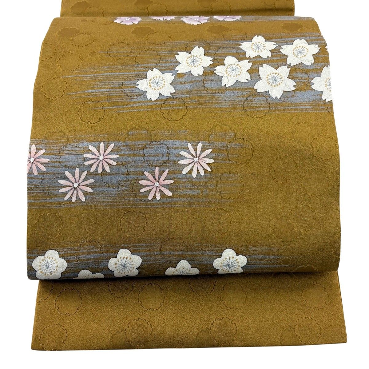 在庫一掃】 【美品】 袋帯 秀品 桜 霞 山吹茶色 お太鼓柄 正絹 【中古