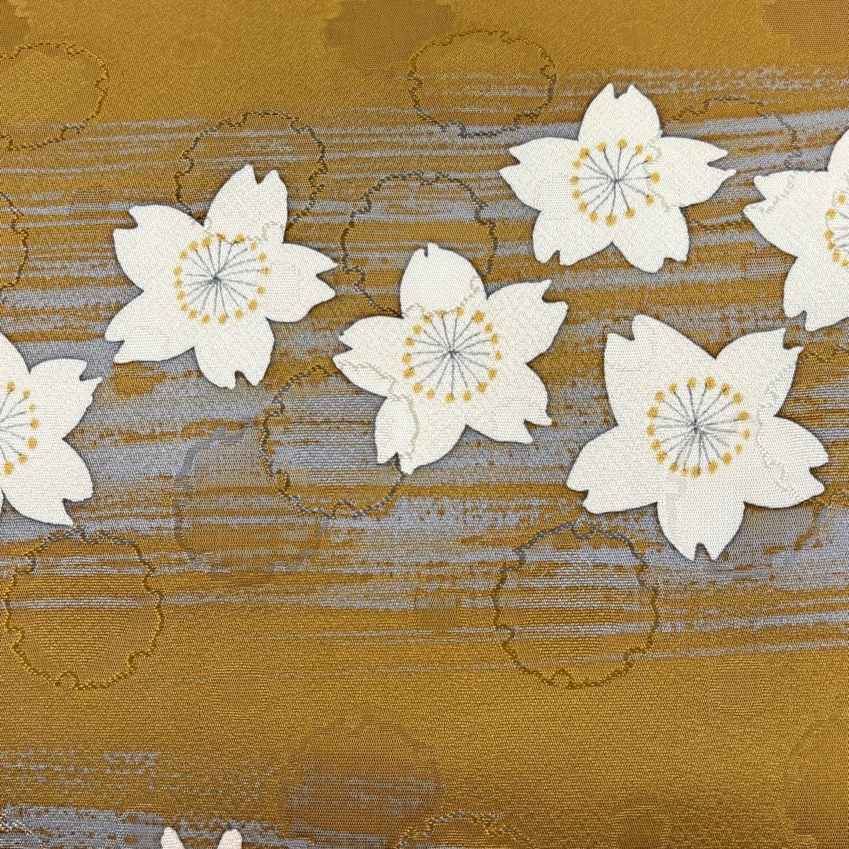 在庫一掃】 【美品】 袋帯 秀品 桜 霞 山吹茶色 お太鼓柄 正絹 【中古
