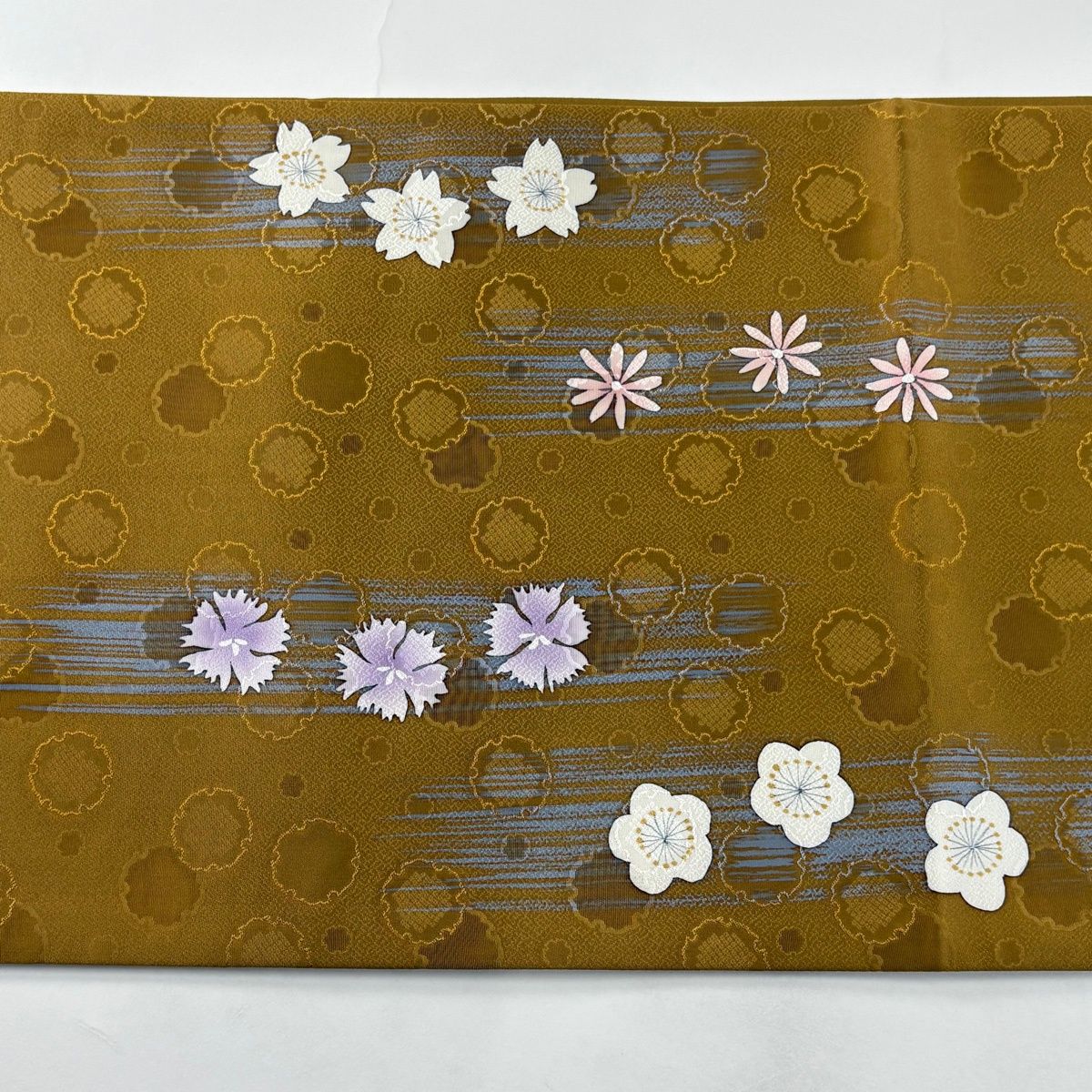 在庫一掃】 【美品】 袋帯 秀品 桜 霞 山吹茶色 お太鼓柄 正絹 【中古
