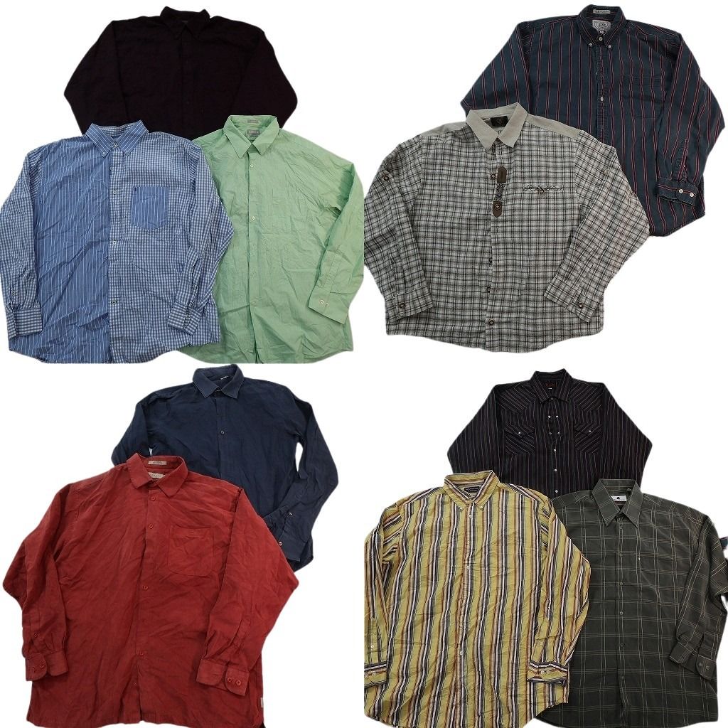 古着卸 まとめ売り 長袖シャツMIX 10枚セット ( メンズ XL ) ストライプ チェック ダブルフラップ 中古 古着 NE8114