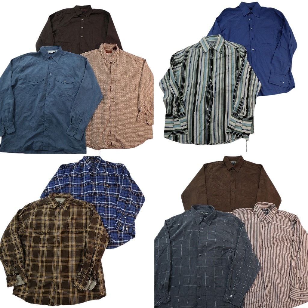 古着卸 まとめ売り 長袖シャツMIX 10枚セット ( メンズ L/XL ) ダブルフラップ ストライプ 格子柄 チェック 中古 古着 NE8117