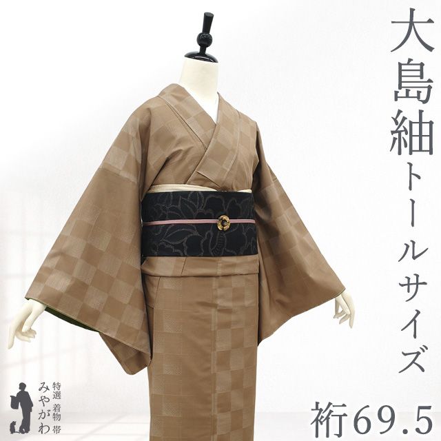 新古品】 本場大島紬 着物 大島紬 正絹 袷 横双 丁子染色 織り絣 市松