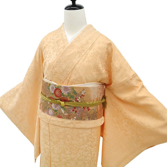 新古品】 色無地 付下げ 着物 未使用 正絹 袷 薄オレンジ 草花 丸文