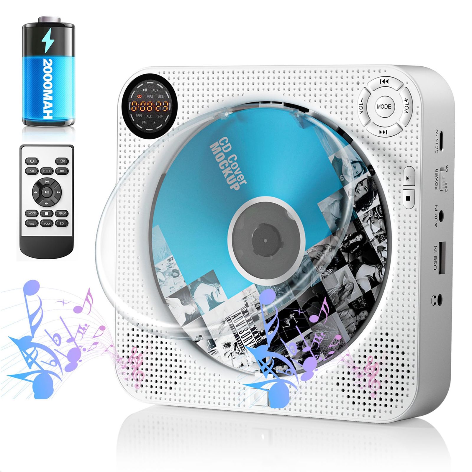 CDプレーヤー壁掛け&卓上置き式ポータブルBluetooth/CD/FM/USB/AUX五モード対応 FMラジオ +10スキップ機能 5EQエフェクトA-Bリピート2000mAh充電式バッテリー LEDディスプレイ防塵カバー・リモコン付き音楽 835a041f