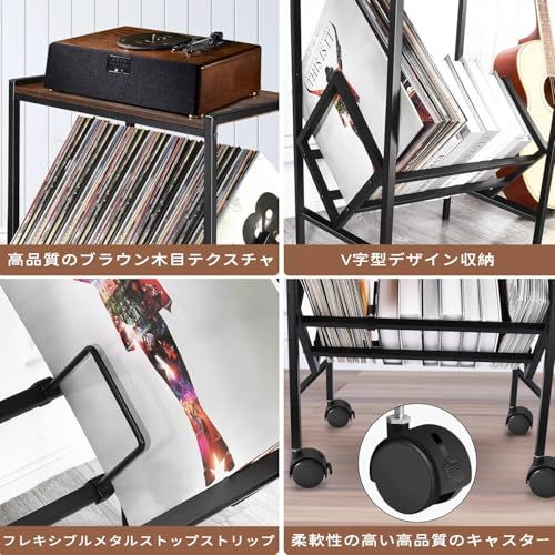 [SYZHXHKL] レコードラック レコードプレーヤースタンド 最大80枚のアルバム収納 CDレコード収納ラック マットブラックメタル脚付き キャスター付き レコード棚 レコードプレーヤーテーブル リビングルーム ベッドルーム オフィス用 15b12078