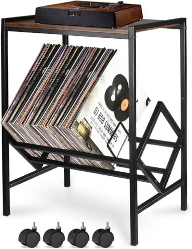 [SYZHXHKL] レコードラック レコードプレーヤースタンド 最大80枚のアルバム収納 CDレコード収納ラック マットブラックメタル脚付き キャスター付き レコード棚 レコードプレーヤーテーブル リビングルーム ベッドルーム オフィス用 15b12078