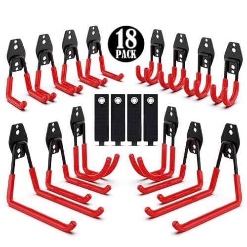 ガレージフック ツールフック 工具 壁掛け 18個セット ガレージ用フック 3つの溶接点更に耐荷重5kg増やす はしご、自転車、ホース、スコップ、草刈り機などの道具収納（赤）ts 7b117df2
