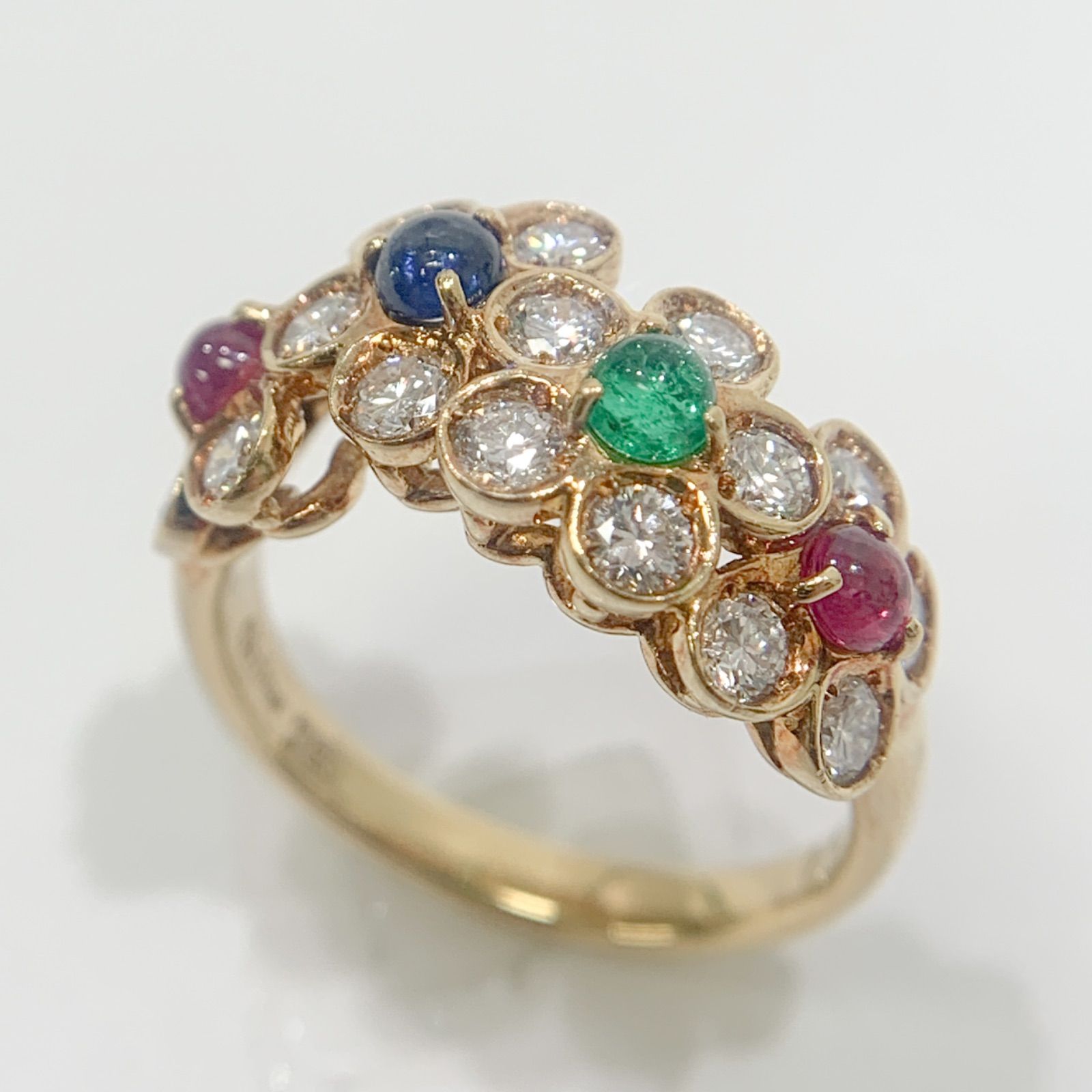 【中古】クリスチャンディオール Christian Dior リング お花モチーフ ダイヤモンド サファイヤ ルビー エメラルド 指輪 K18YG イエローゴールド 750