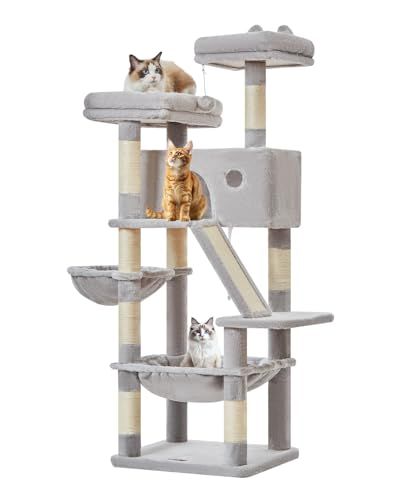 Taoqimiao キャットタワー 大型猫用 高さ約146cm 据え置き式 猫タワー 多頭飼い対応 省スペース 転倒防止付き 運動不足解消 安定感 天然麻紐の猫の爪とぎボード シザル爪研ぎポール8本 特大猫ハウス付き メタルハンモック 2段トップパーチ M 1