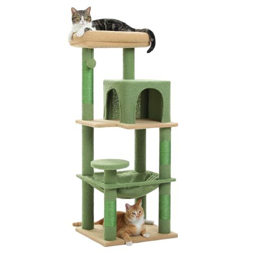 PETEPELA(ぺテぺラ) キャットタワー スリム コンパクト 猫タワー 据え置き 置き型 省スペース ハンモック 爪研ぎ 見晴台 人気 ボンボン 天然麻紐 シンプル 運動不足解消 多頭飼い - グリーン M 高さ116cm 1