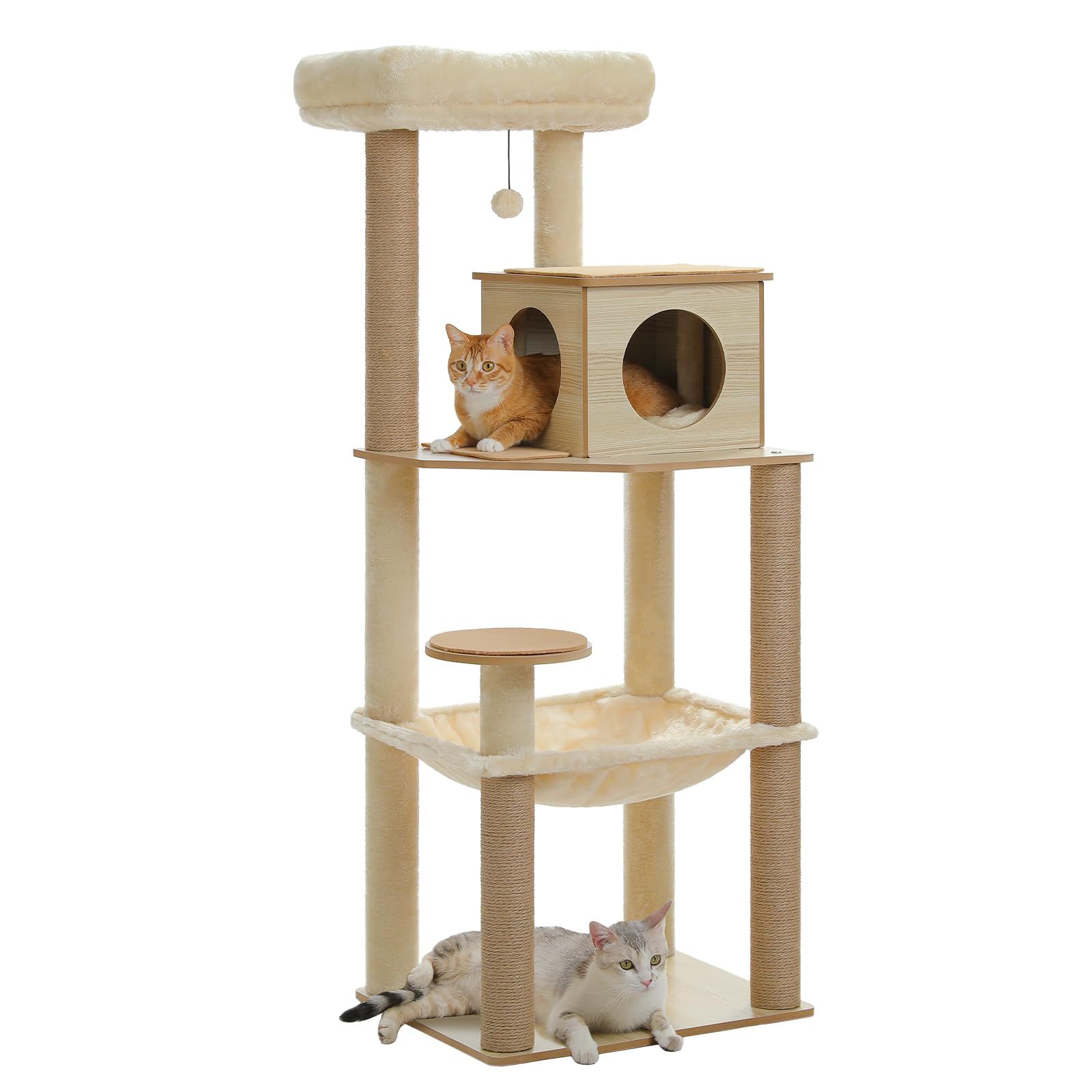 PETEPELA（ペテペラ）キャットタワー 大型猫用 木製 スリム 猫タワー 省スペース 多頭飼い 据え置き 木目調 おしゃれ 人気 隠れ家 見晴台 爪研ぎポール 滑り止めマット シニア猫 子猫 登りやすい 安定 運動不足解消 - 143cm 1