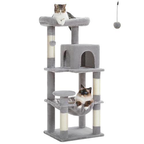 PETEPELA(ぺテぺラ) キャットタワー スリム コンパクト 猫タワー 据え置き 置き型 省スペース ハンモック 爪研ぎ 見晴台 人気 ボンボン 天然麻紐 シンプル 運動不足解消 多頭飼い - グレー M 高さ116cm 1