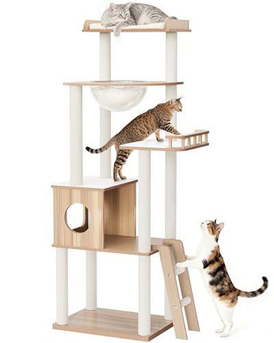 OROPY キャットタワー 据え置き型 木製 157cm 5段猫タワー 多頭飼い 大型猫対応 短足猫 老猫 太り気味猫に優しい 宇宙船ハンモック 隠れ家 展望台 爪とぎポスト 階段付き 1