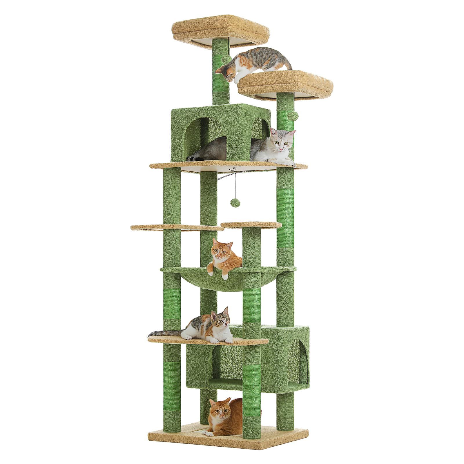 PETEPELA(ぺテぺラ) キャットタワー 大型猫用 コンパクト 多頭飼い 据え置き型 スリム ハンモック 麻紐爪とぎポール 猫のおもちゃ 転倒防止ベルト付き 展望台 猫ベッドカバー取り外し可能 運動不足解消 - XL 高さ205cm グリーン 1