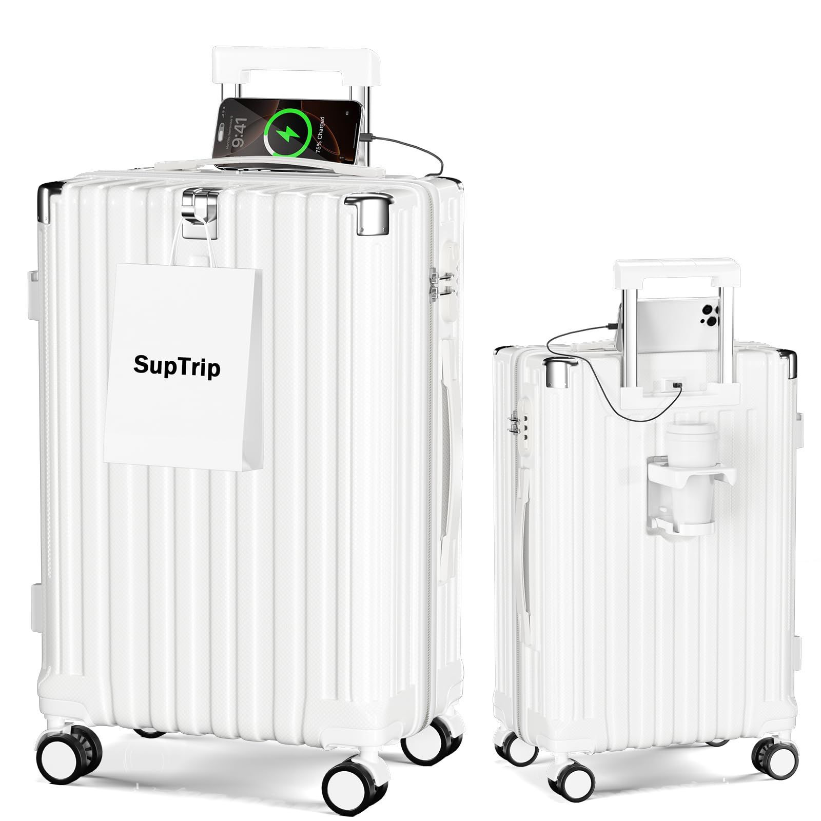 [SupTrip] スーツケース 機内持ち込み 多機能 キャリーケース 大型 超軽量 キャリーバッグ 耐衝撃 USBポート付き カップホルダー付き 充電機能 荷物フック 隠しフック機能 静音 ダブルキャスター 360度回転 修学 泊まる 旅行 出張 (ホワ 1