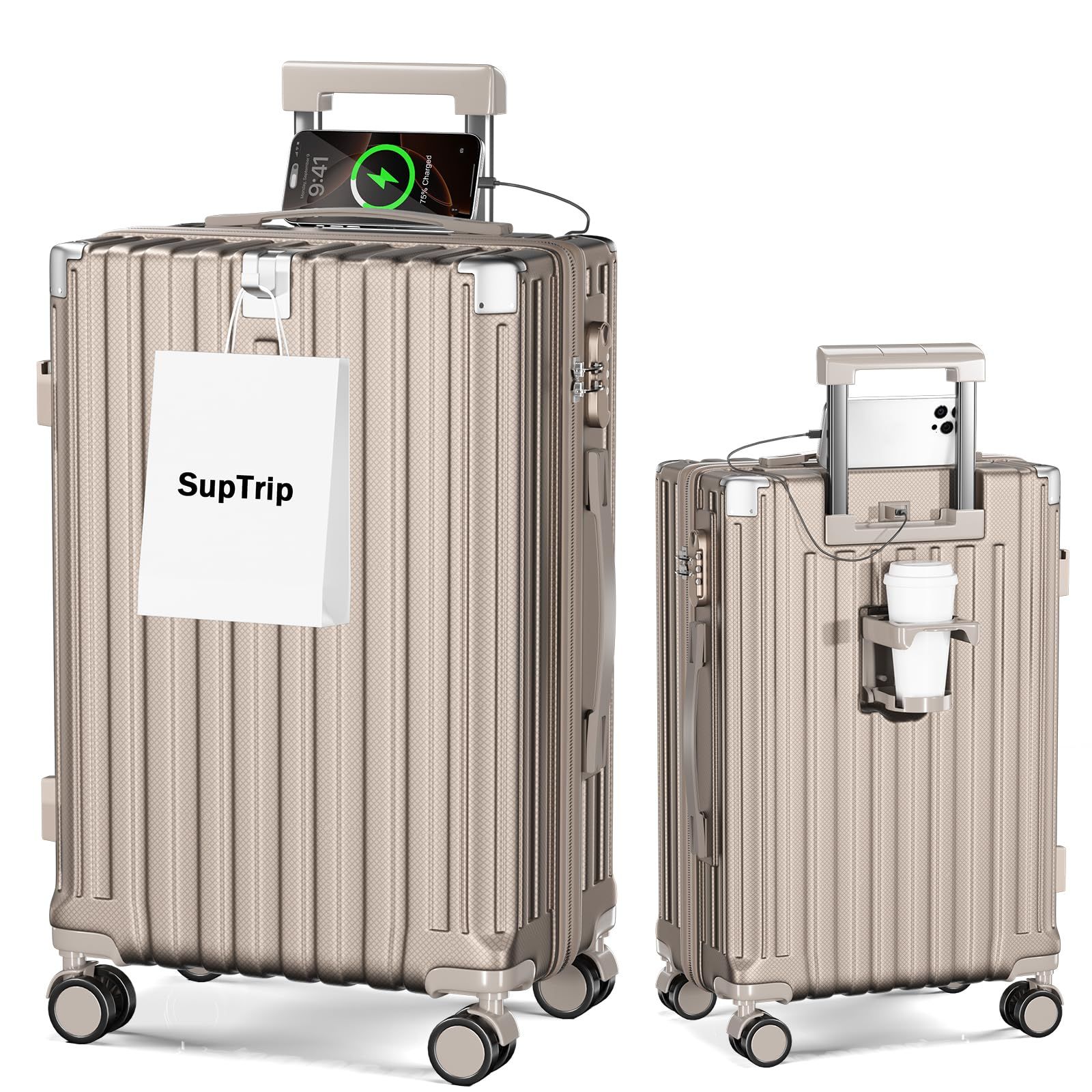 [SupTrip] スーツケース 機内持ち込み 多機能 キャリーケース 大型 超軽量 キャリーバッグ 耐衝撃 USBポート付き カップホルダー付き 充電機能 荷物フック 隠しフック機能 静音 ダブルキャスター 360度回転 修学 泊まる 旅行 出張 (シャ 0