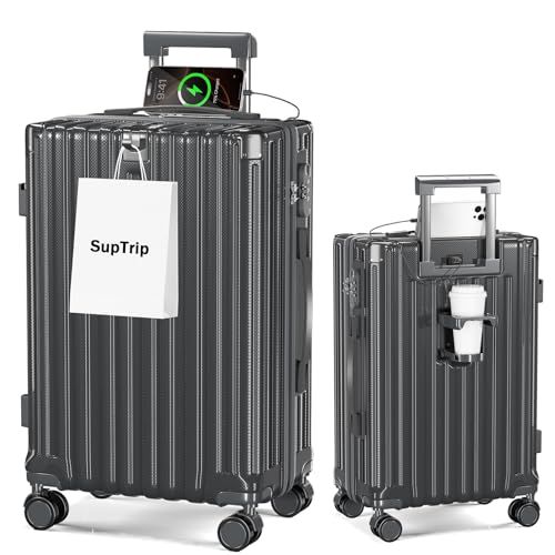 [SupTrip] スーツケース 機内持ち込み 多機能 キャリーケース 大型 超軽量 キャリーバッグ 耐衝撃 USBポート付き カップホルダー付き 充電機能 荷物フック 隠しフック機能 静音 ダブルキャスター 360度回転 修学 泊まる 旅行 出張 (グレ 0