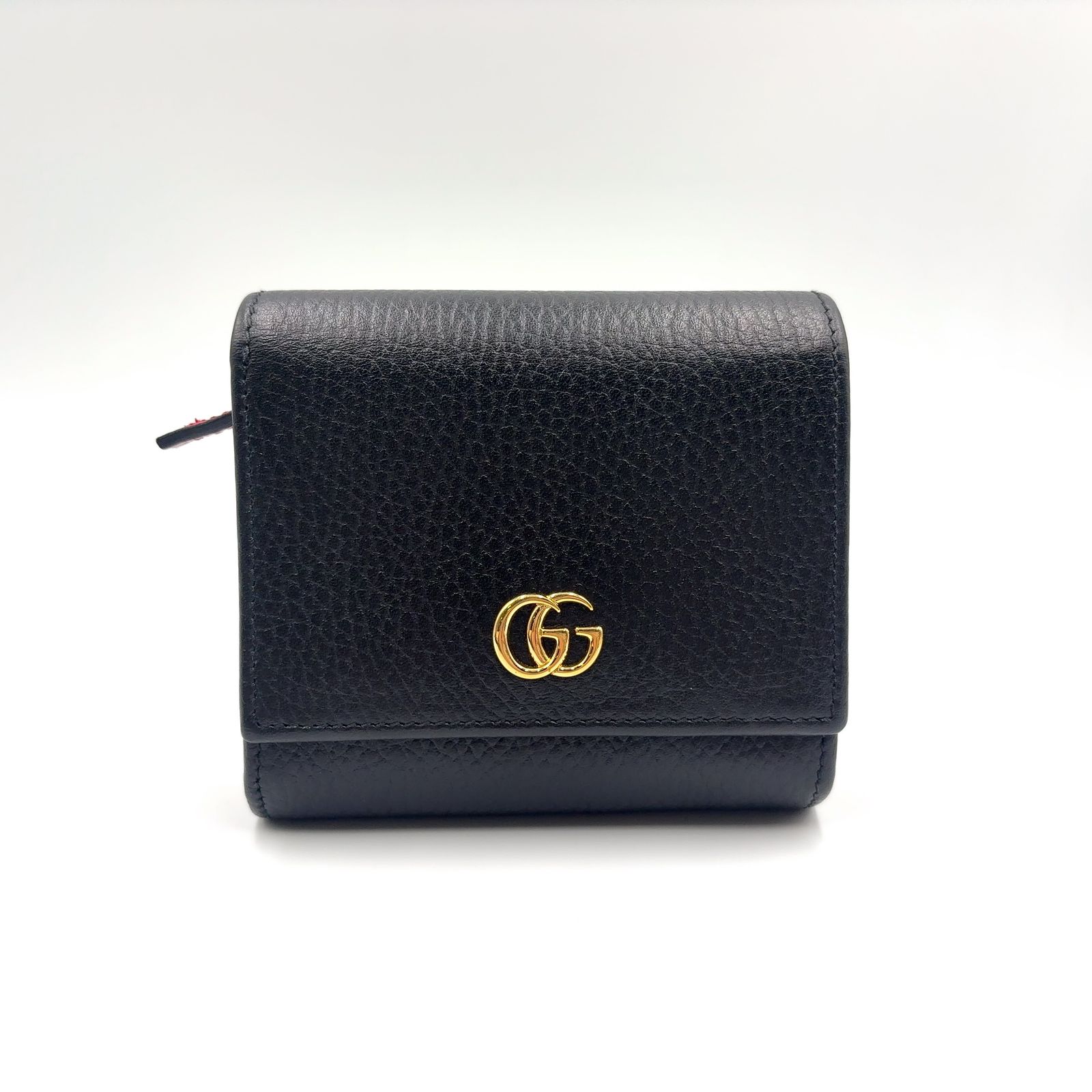 新着 GUCCI GGマーモット レザー ブラック×ボルドー 二つ折り財布 ゴールド
