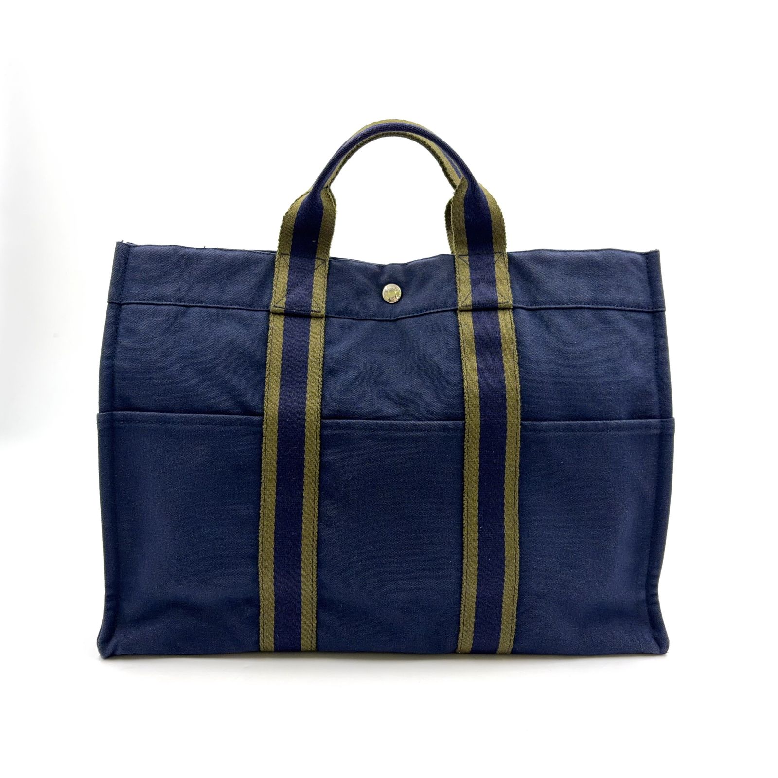 HERMES フールトゥ MM トートバック ネイビー 新着 HERMES フールトゥMM キャンバス カーキグリーン×ネイビー トート