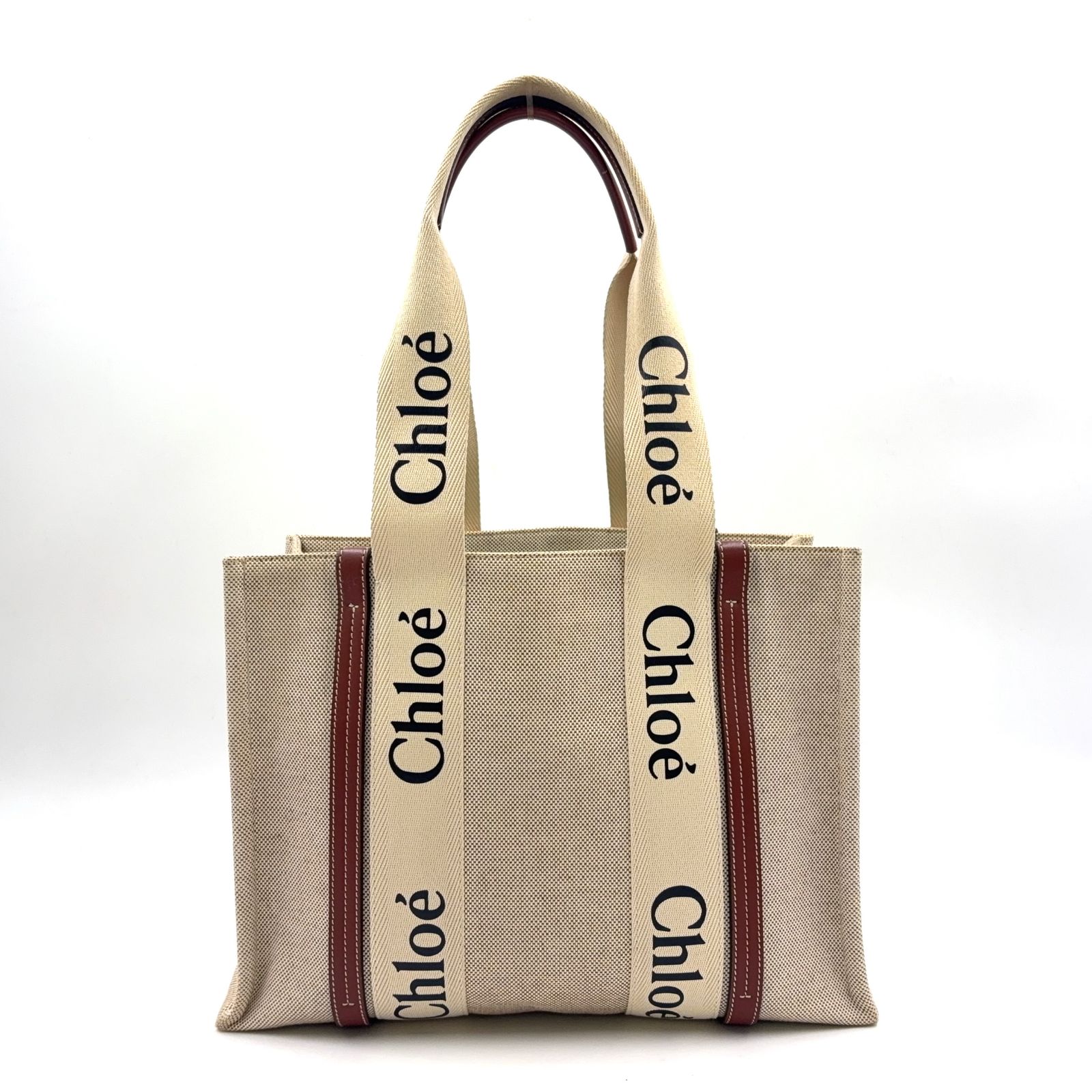 新着 Chloe ウッディ ミディアム レザー×キャンバス ブラウン×ベージュ トートバッグ CHC22AS383I26